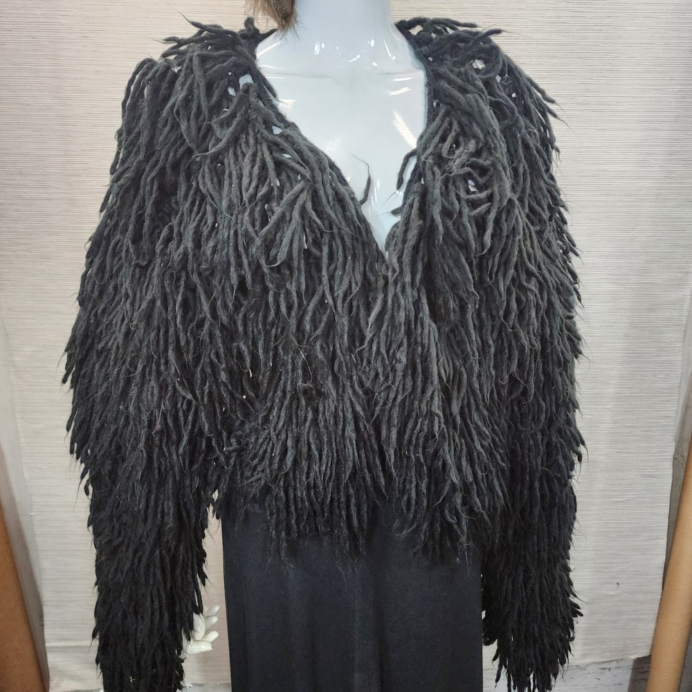 Nasty Gal Collection Black Shaggy Fringe Knit Cardigan Cropped Open Front Small